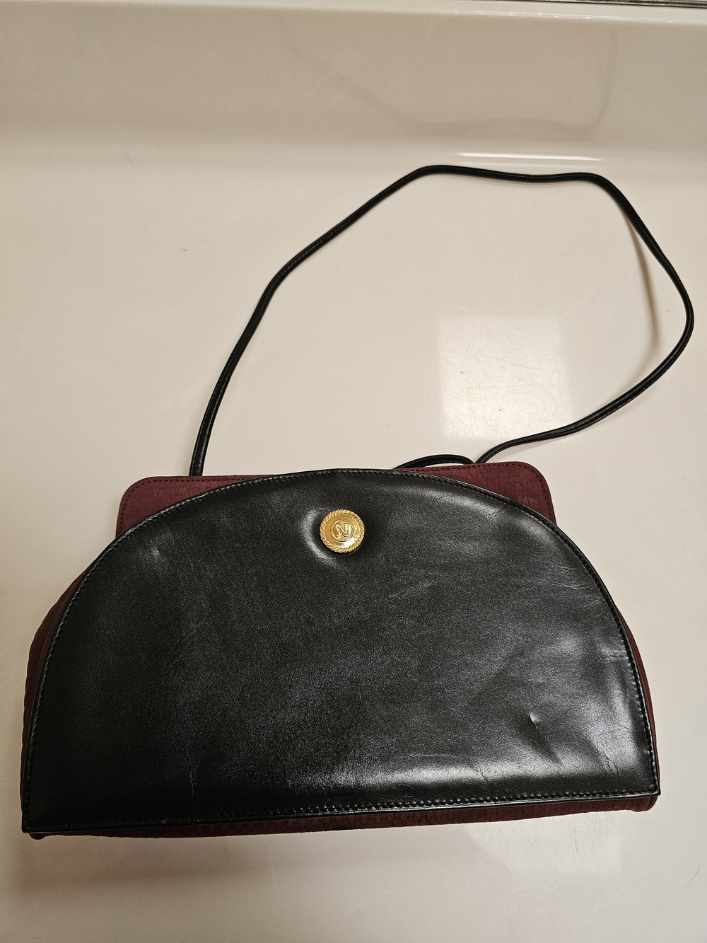 Albet Nipon Black Leather and Burgundy Seude Women's Crossbody Shoulder Bag